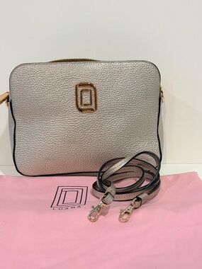 Luana Italy Metallic Silver Leather Camera Crossbody Bag Gold Hardware